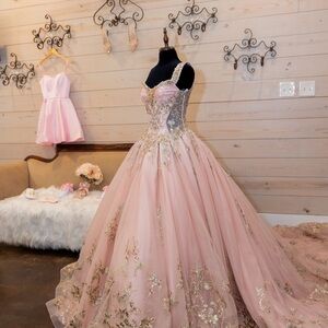 Glamorous Pink and Gold Quinceañera Women's Prom Gown